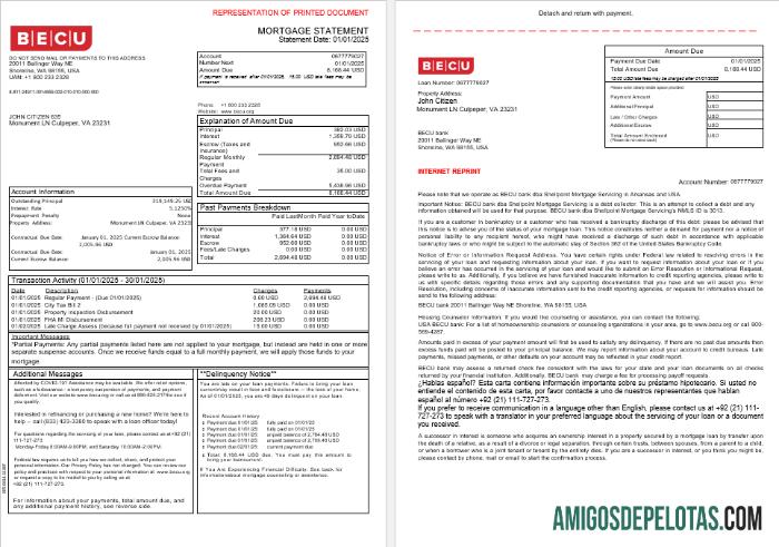 Extrato de hipoteca do banco BECU dos EUA em formatos Word e PDF, 3 páginas 1 2 exemplo real